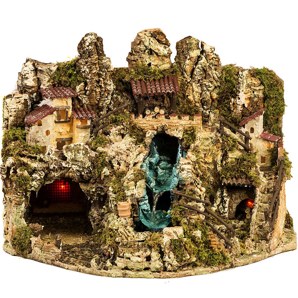 Grotte crèche Noel avec cascade, feu, maisons | vente en ligne sur HOLYART