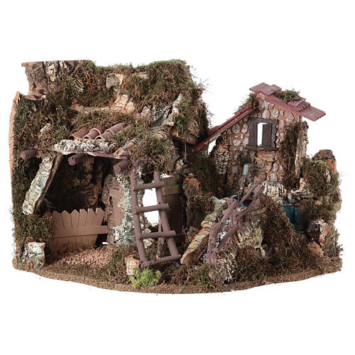 Nativity stable with fountain, house and ladder 40x58x38cm 1