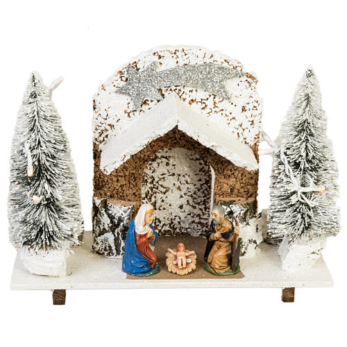 Nativity setting, stable with snow, pines and star 26x36x16cm 1