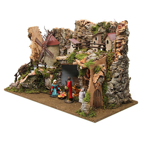 Nativity setting, village with stable and wind mill 38x56x30cm 2
