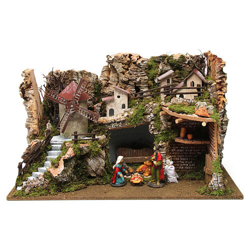 Nativity setting, village with stable and wind mill 38x56x30cm 1