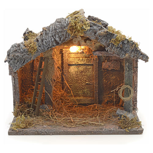 Neapolitan Nativity scene, illuminated stable with straw 1