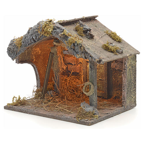 Neapolitan Nativity scene, illuminated stable with straw 2