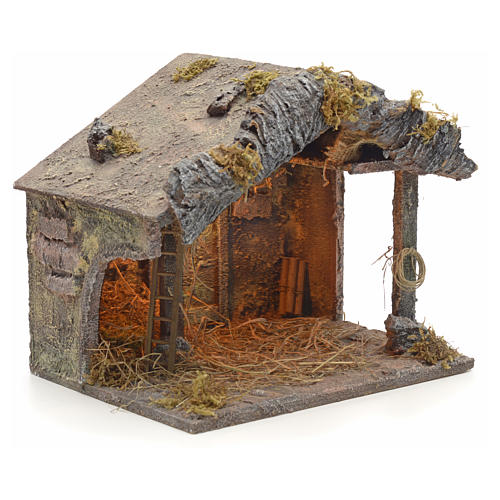 Neapolitan Nativity scene, illuminated stable with straw 3