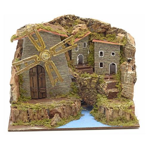 Wind mill for nativities with river and village 15x20x15cm 1