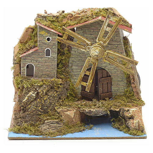 Nativity wind mill with river and village 16x18x11cm 1
