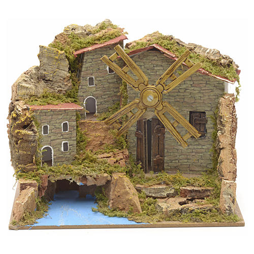 Mulino a vento presepe con fiume e borgo 15x20x15 1