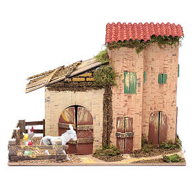Häuser, Szenen und Geschäfte für Krippe: Abgelegenes Haus mit Geflügel und Esel 20x28x15 cm