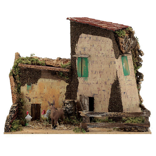 Nativity setting, farmhouse with gallinaceans and donkey 20x28x1 1