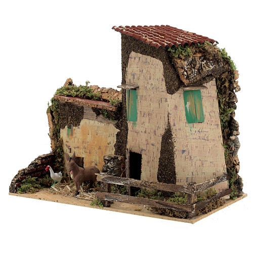 Casa de campo em miniatura com aves e burro 20x28x15 cm 2