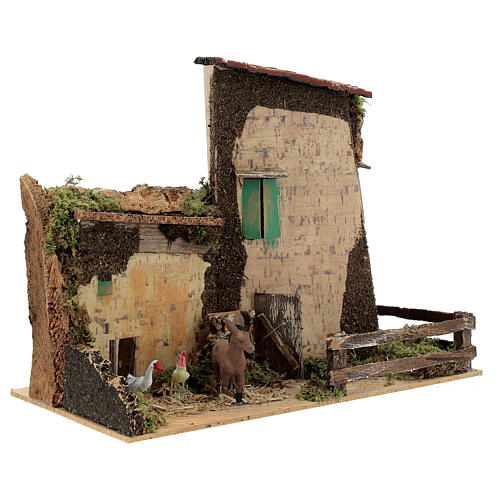 Casa de campo em miniatura com aves e burro 20x28x15 cm 3