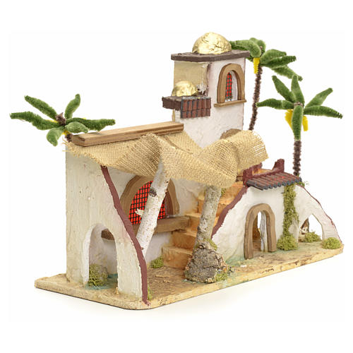 Nativity setting, stuccoed Arabian house with jute curtain 30x43 3