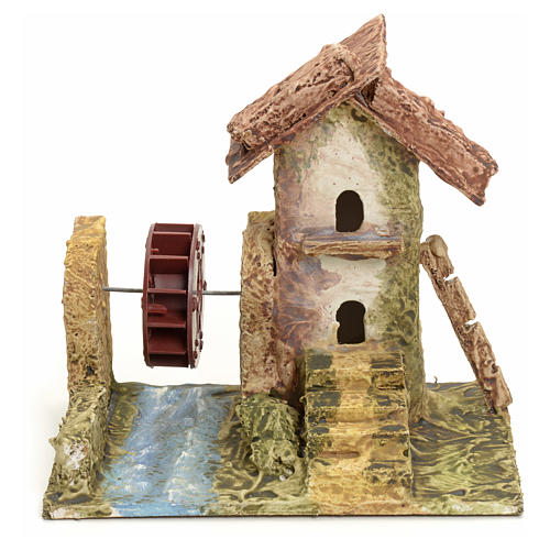 Nativity setting, house with mill in stuccoed wood 1