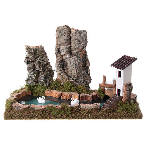 Laghetto presepe con roccia e cigni 1