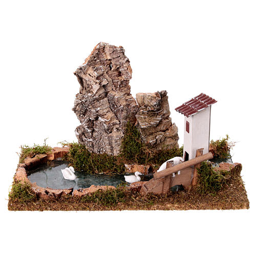 Nativity setting, pond with rocks and swans 6