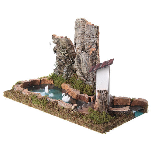 Nativity setting, pond with rocks and swans 2