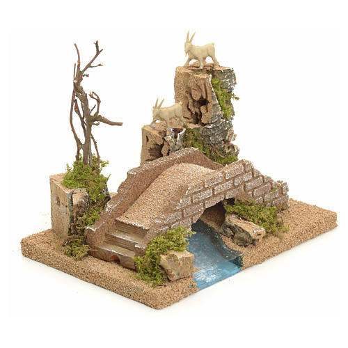 Pont sur rivière pour crèche avec chèvres 2