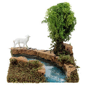 Nativity setting, river turn with tree and sheep