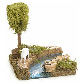 Pontes, Rios, Paliçadas : Curva de rio com árvore e ovelha cenário presépio