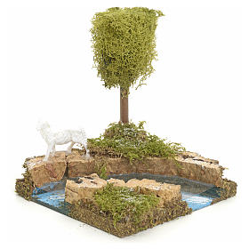 Pontes, Rios, Paliçadas : Curva de rio com árvore e ovelha cenário presépio