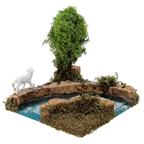 Curva de rio com árvore e ovelha cenário presépio 4