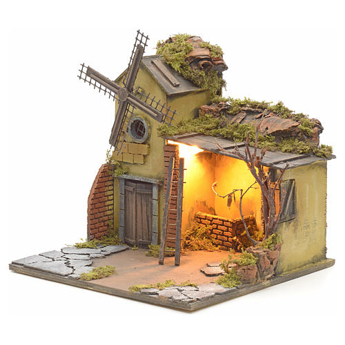 Neapolitan Nativity scene, illuminated stable with windmill 30X40X30 3