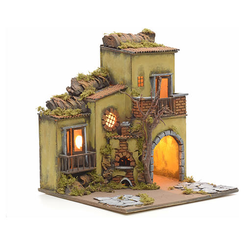 Neapolitan Nativity scene, illuminated village, oven and grotto 2