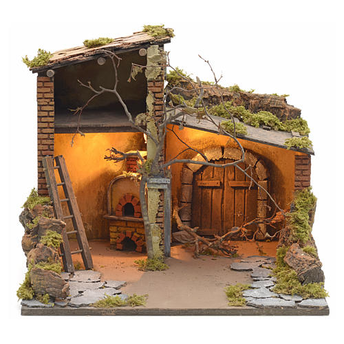 Neapolitan Nativity scene, illuminated village, stable and barn 1