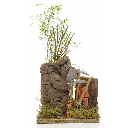 Nativity setting, cork wall with tools 9x14x16cm 1