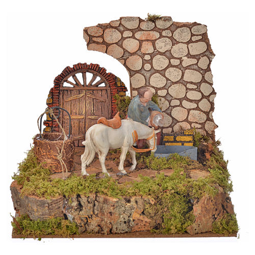 Nativity setting, drinking trough with pump and shepherd 10cm 1