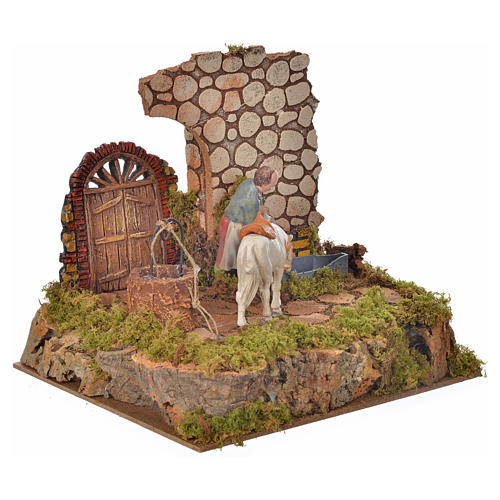 Nativity setting, drinking trough with pump and shepherd 10cm 2