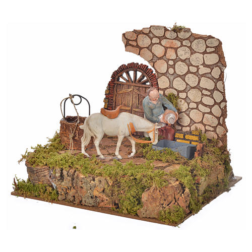 Nativity setting, drinking trough with pump and shepherd 10cm 3