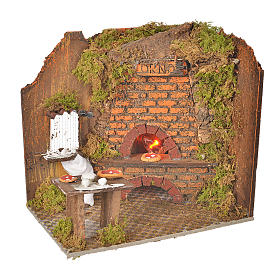 Fours et feux crèche: Four en miniature avec pizza et ampoule 20x14cm Fours et feux crèche: Four en miniature avec pizza et ampoule 20x14cm