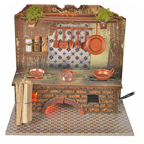 Nativity accessory, kitchen with flame effect and pans 20x14cm 1