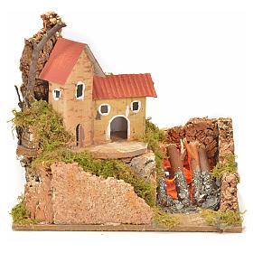 Maison et feu de bois effet flammes crèche 15x10x12 cm