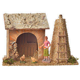 Nativity setting, farm house with hens and straw 18x27x12cm