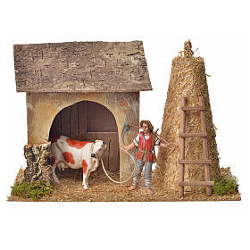 Nativity setting, stable with farmer, cow and straw 20x26x10cm