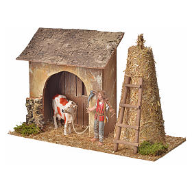 Nativity setting, stable with farmer, cow and straw 20x26x10cm