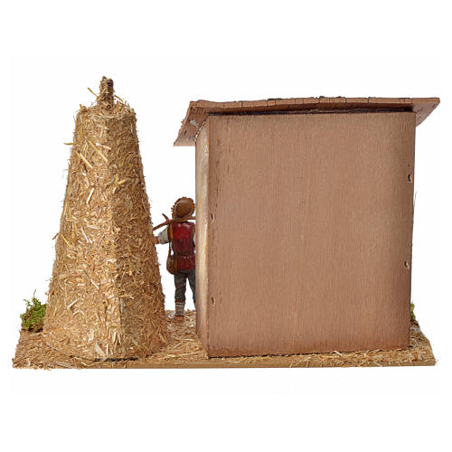 Nativity setting, stable with farmer, cow and straw 20x26x10cm 3