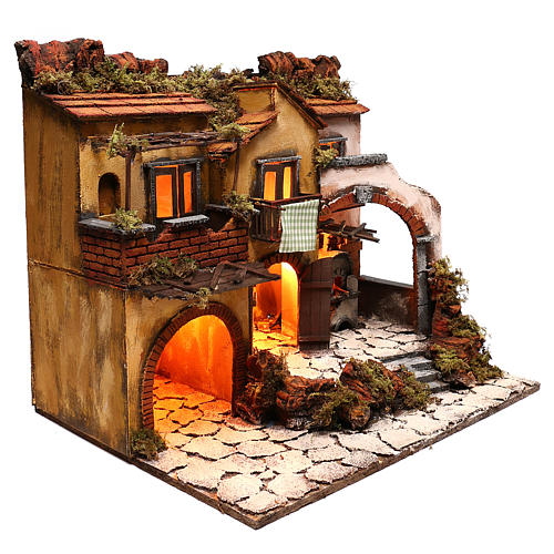 Neapolitan Nativity, village with 3 houses and light 57x50x40cm 3