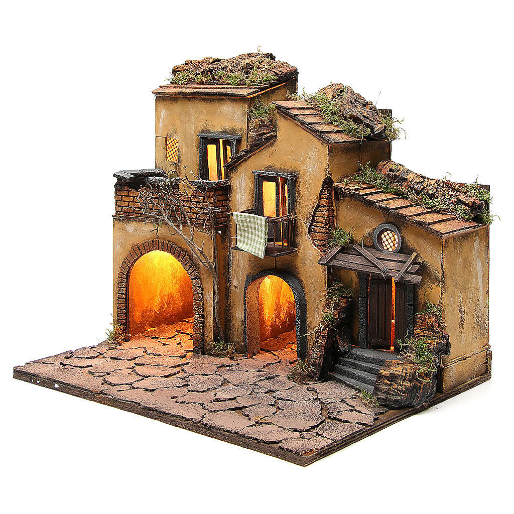 Neapolitan Nativity, village with 3 houses and light 57x50x40cm