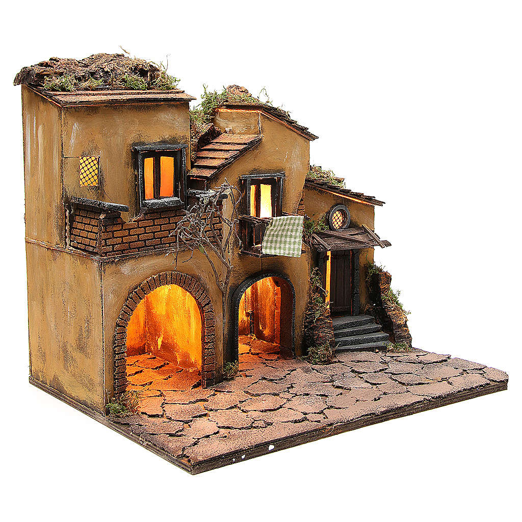Neapolitan Nativity, village with 3 houses and light 57x50x40cm
