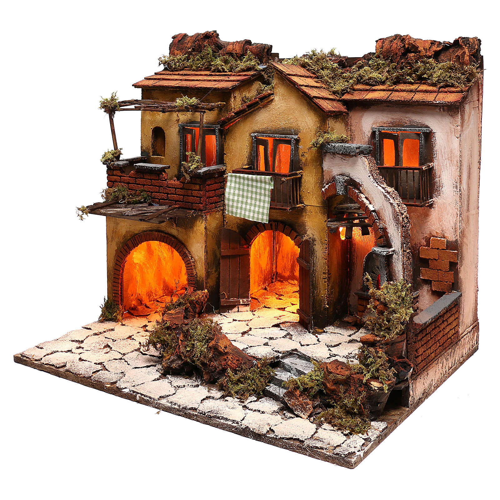 Neapolitan Nativity, village with 3 houses and light 57x50x40cm ...