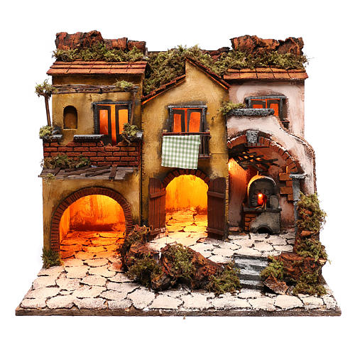 Neapolitan Nativity, village with 3 houses and light 57x50x40cm 1