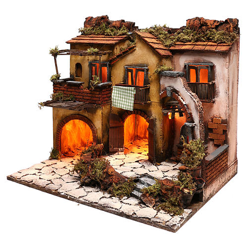 Neapolitan Nativity, village with 3 houses and light 57x50x40cm 2