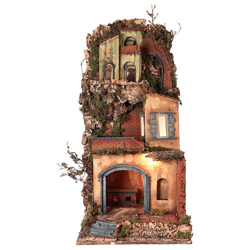 Neapolitan Nativity Village, 1700 style, tower, oven, light 65x45x37cm 1