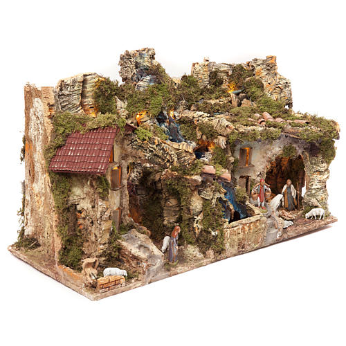 Borgo presepe con fuoco luci doppia cascata 40x76x38 2