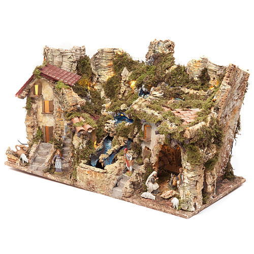 Borgo presepe con fuoco luci doppia cascata 40x76x38 3