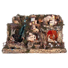 Nativity village with fire, lights, waterfall and pond 55x75x50 cm