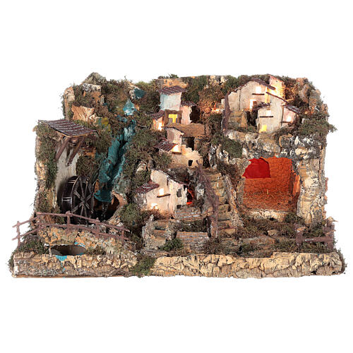 Nativity village with fire, lights, waterfall and pond 55x75x50 cm 13